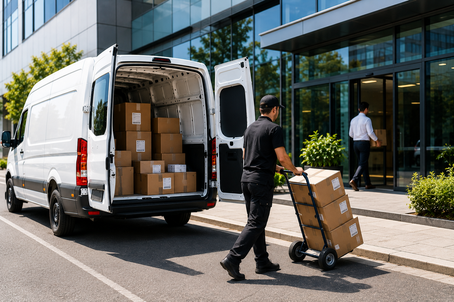 OMG Transport commercial courier delivering boxes to a business with a white delivery van
