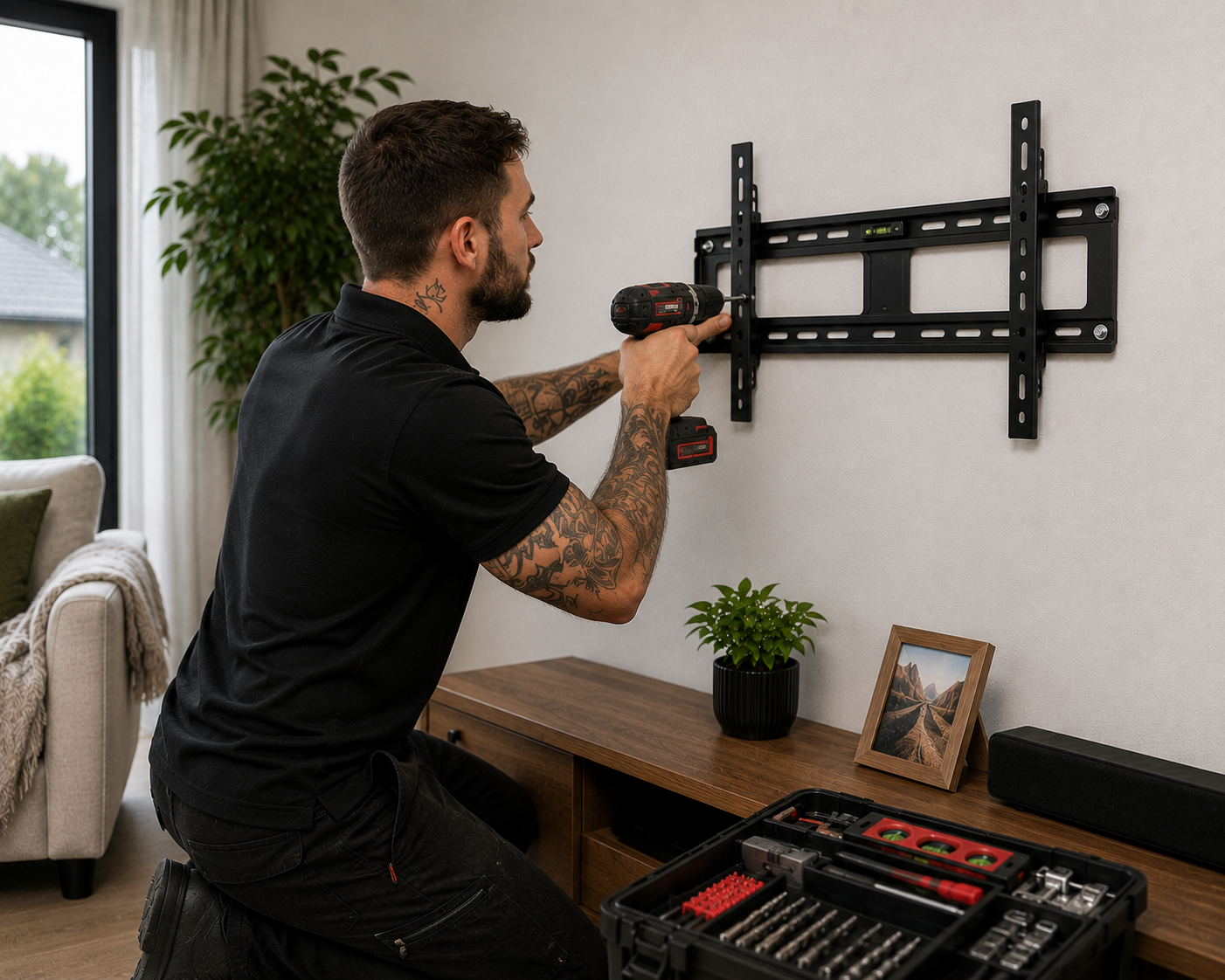 OMG Transport technician mounting a flat screen TV on a wall with a power drill