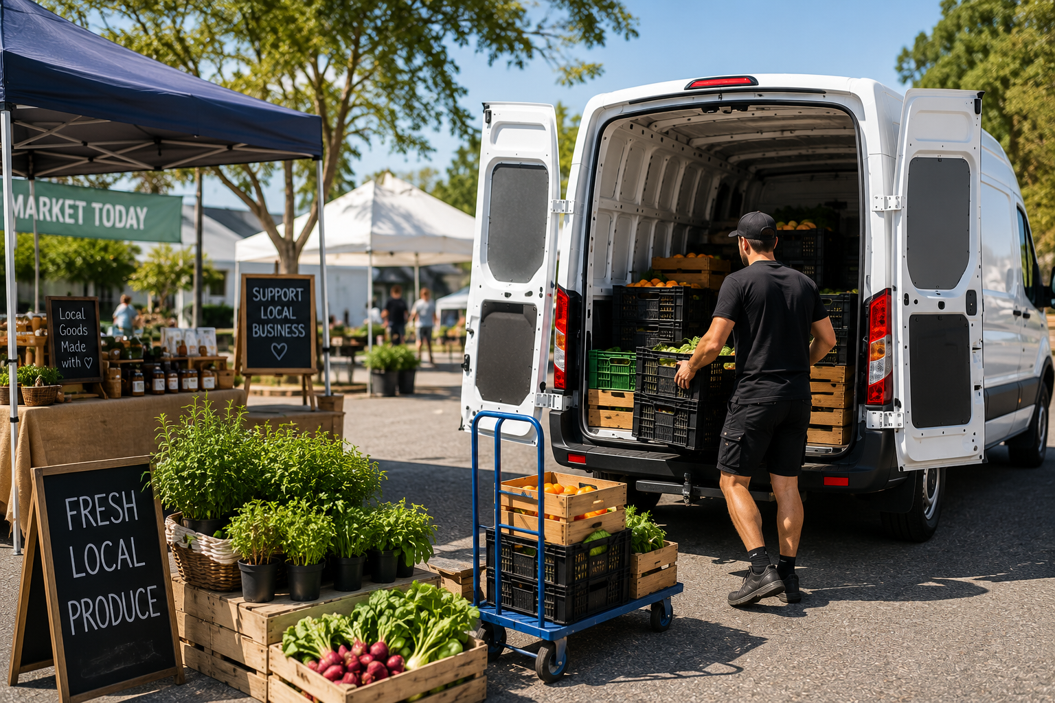 Market stock transport with a delivery van loaded with fresh local produce and stall equipment
