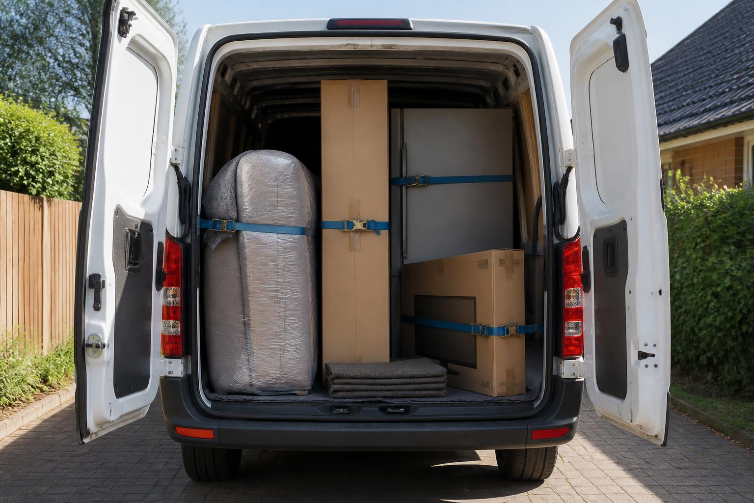 Sofa, flat-pack wardrobe, fridge and TV secured with ratchet straps and moving blankets inside an OMG Transport van